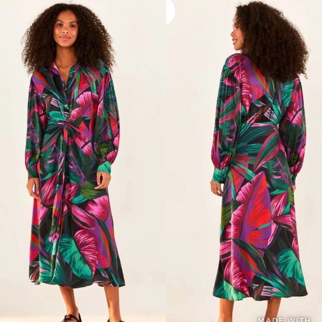 Euc Farm Rio Midnight Leaves Long Sleeve Print Midi Dress Size Large